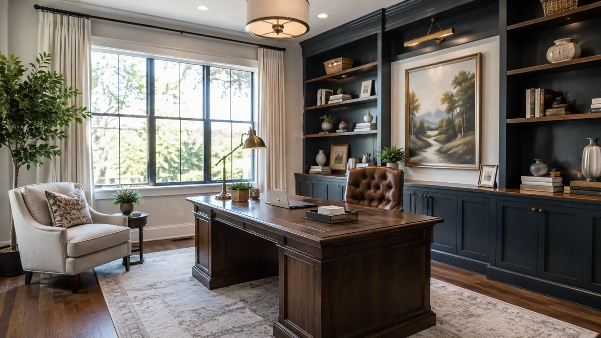 A home office features built-in dark shelving, a wooden desk, armchair, art, plants, and soft daylight.