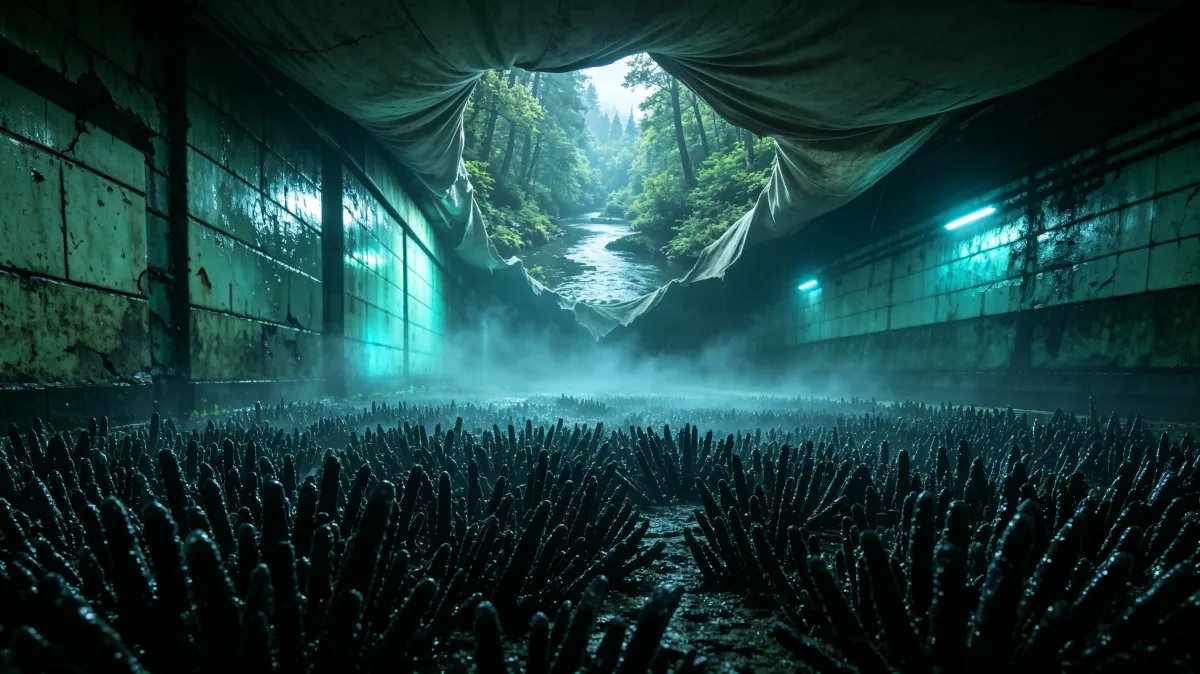 A dark tunnel lined with spikes opens toward green light and misty vegetation.
