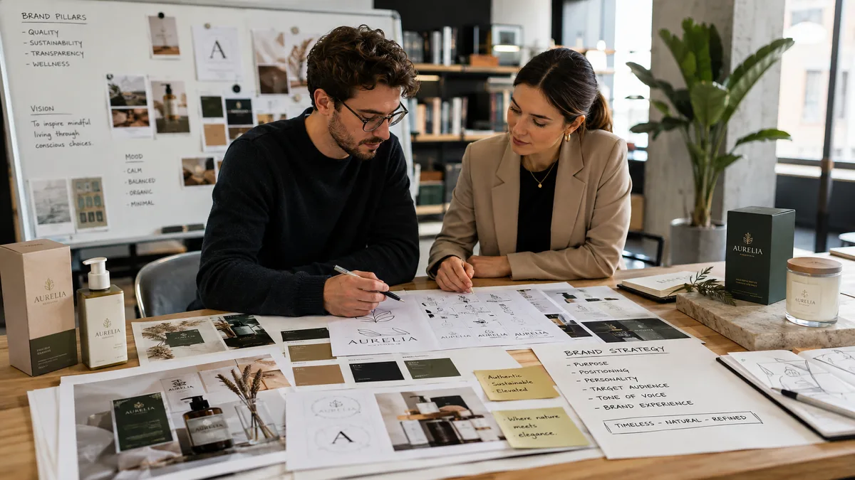 Two people review logo concepts, color boards, packaging mockups, and brand guidelines at a collaborative design meeting table.