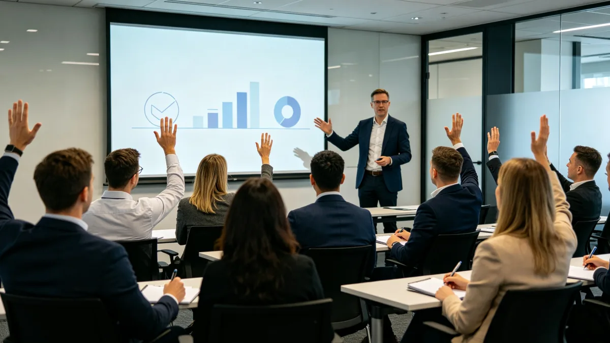 Corporate seminar audience raising hands during business training