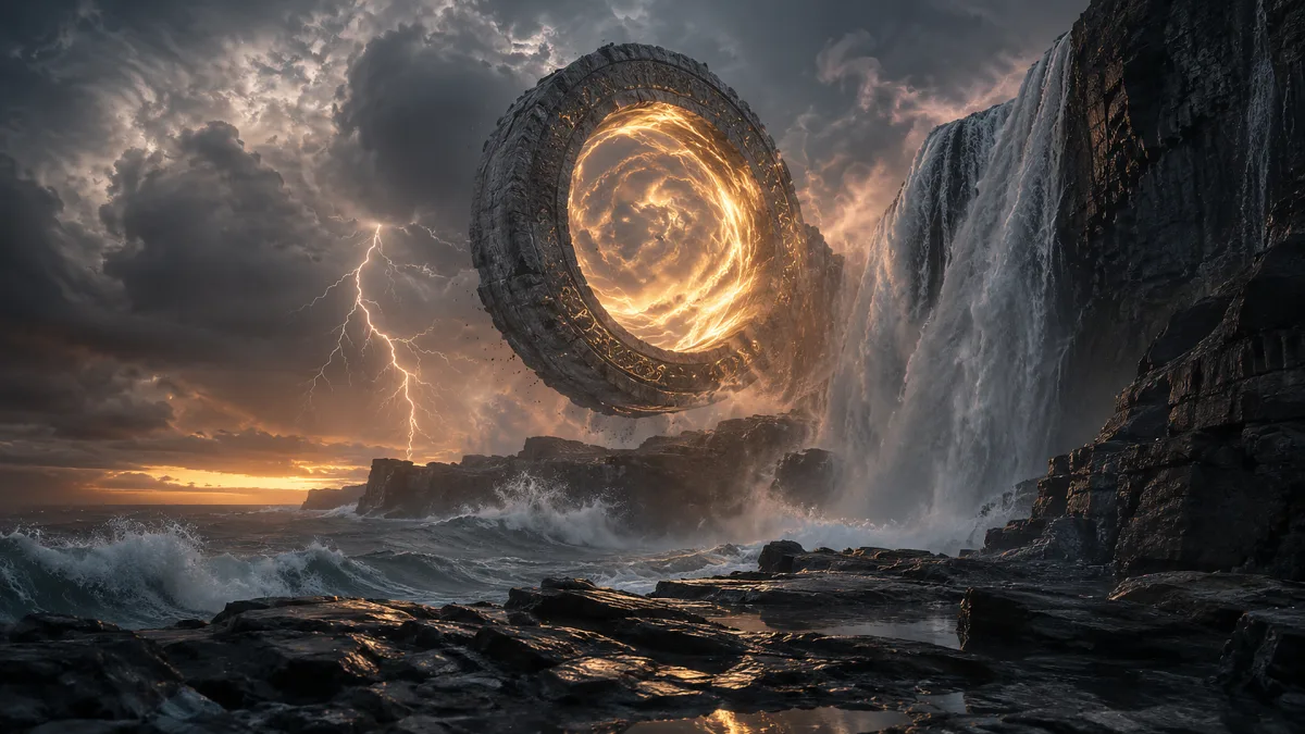 glowing golden portal over stormy coastal cliffs and waterfall