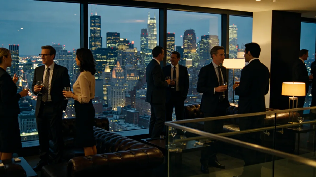 Business reception in high rise office with skyline at night