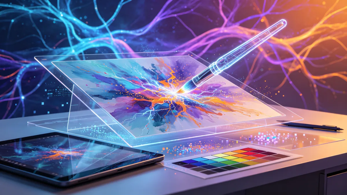 Digital art tablet with stylus and colorful generative AI creative interface