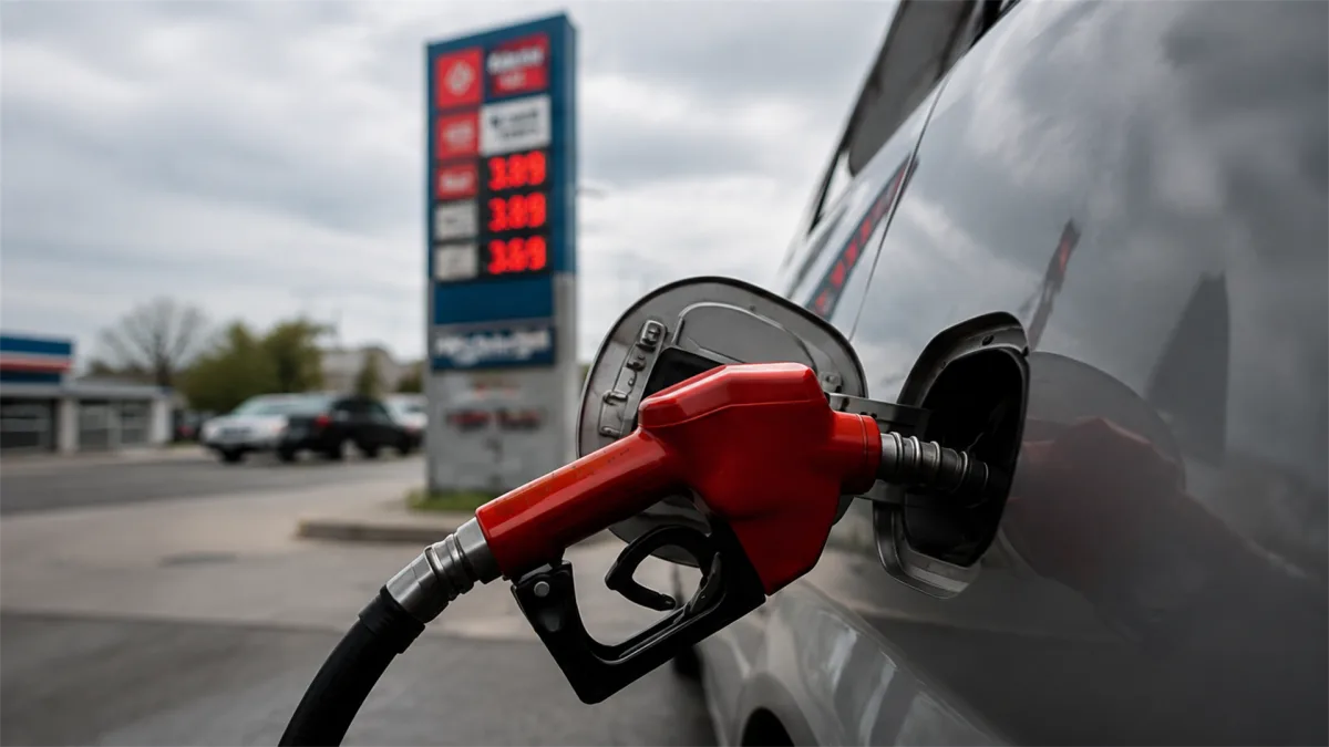 A fuel pump fills a car beside a price sign, representing fuel costs, transportation budgets, and energy price pressure on households.