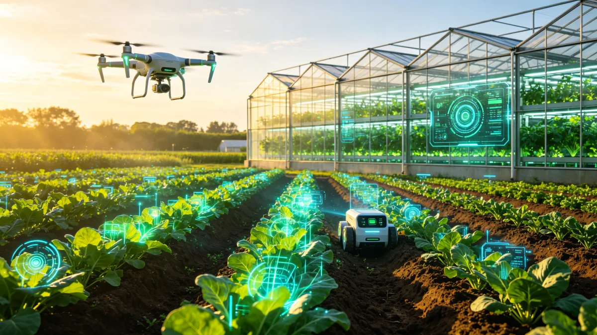Drone monitoring crops and greenhouse with glowing agricultural data overlay