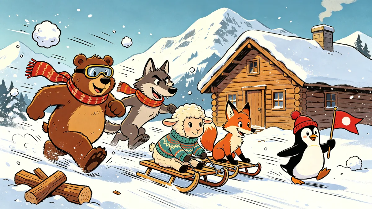 A colorful storybook cartoon scene featuring snowy sled race with forest animals, designed for playful children-friendly illustration use.