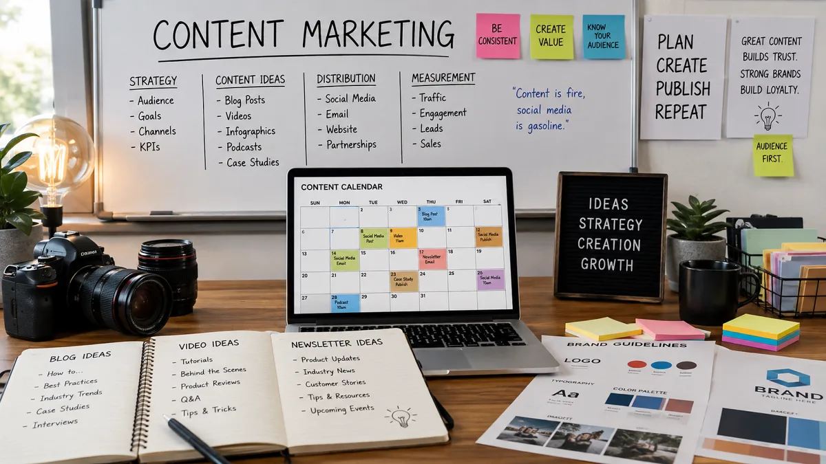 A content marketing desk combines a whiteboard calendar, laptop, camera, printed plans, sticky notes, and strategy cards for a creator-led campaign.