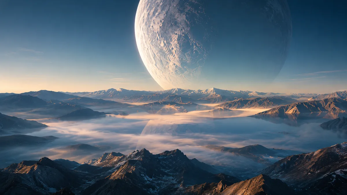 giant moon above frozen mountain ridges and mist