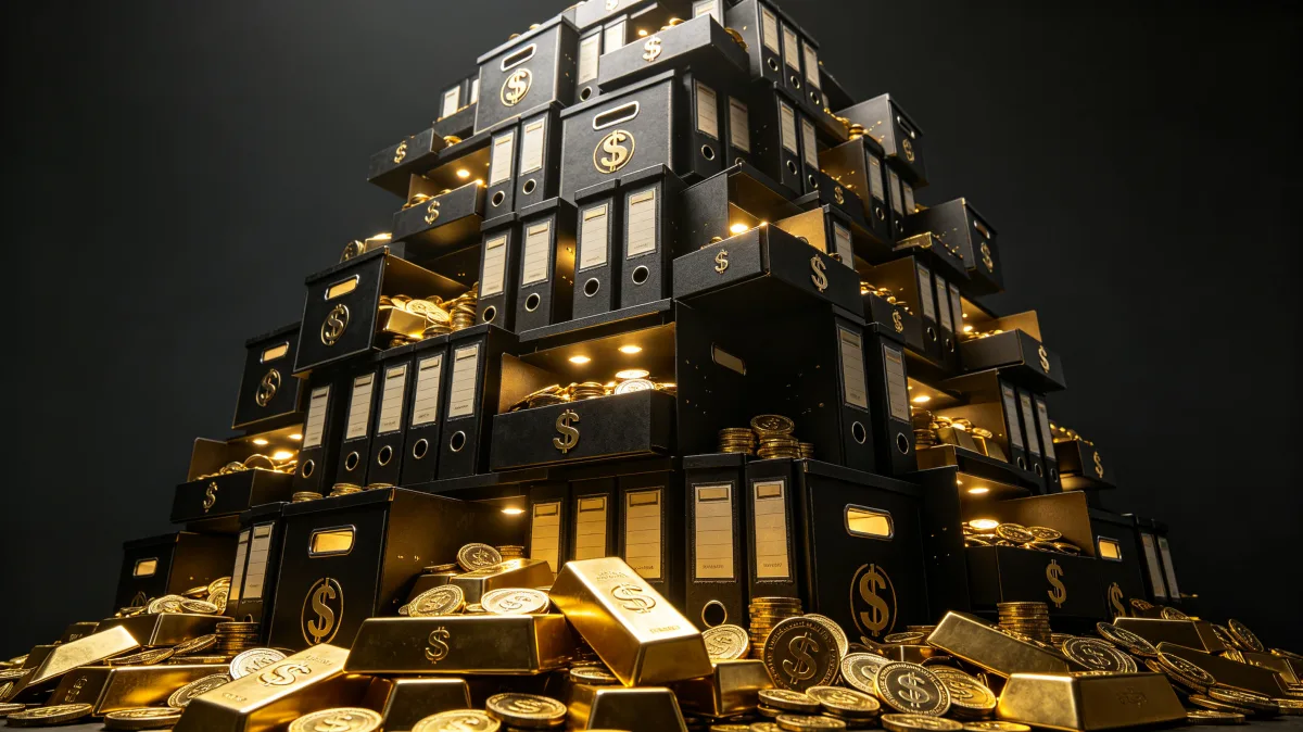 A stepped building made of dark floors, glowing windows, gold bars, and scattered coins rises against a black background, connecting property, capital, rent, and wealth accumulation.