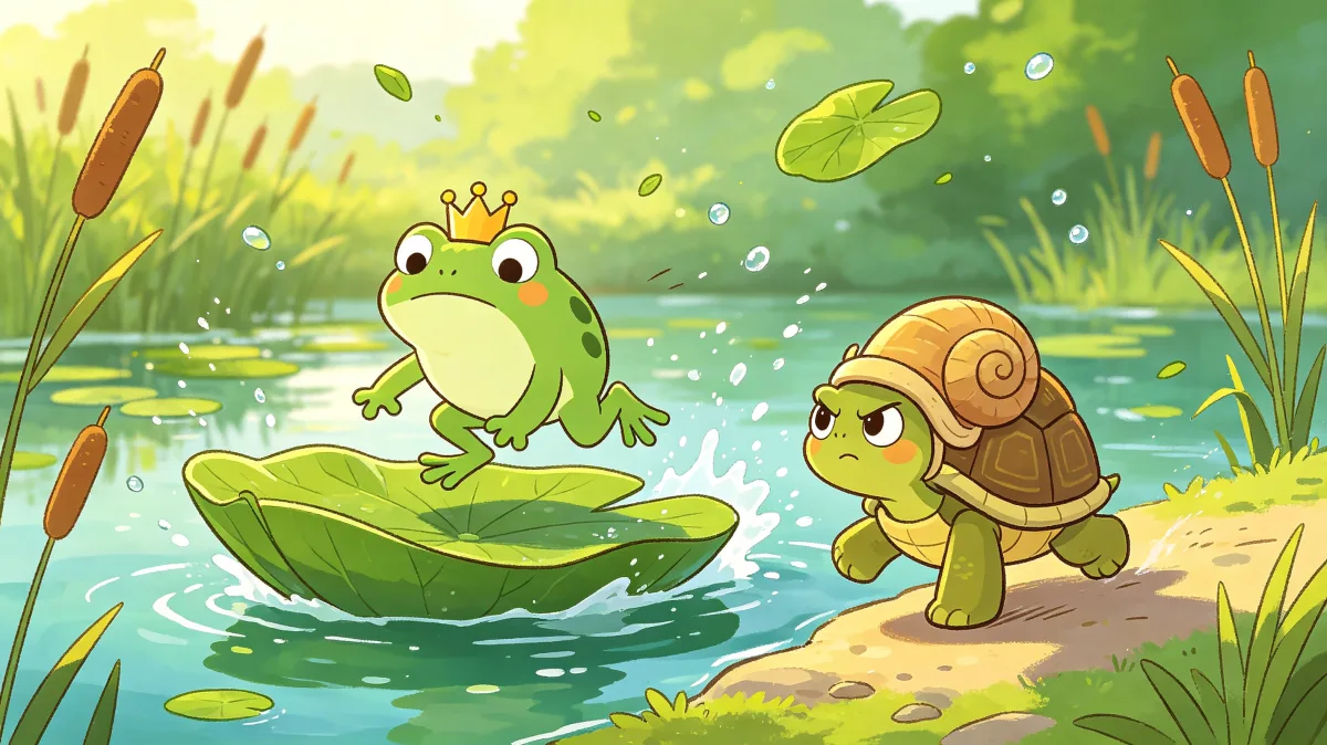 A colorful storybook cartoon scene featuring frog prince meeting snail by lily pond, designed for playful children-friendly illustration use.