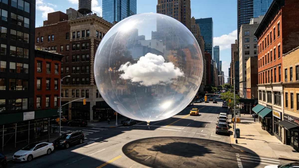 a transparent sphere floats above an empty city street with a cloud inside, creating a quiet visual about weather control, urban air, climate data, cloud computing, and captured atmosphere.