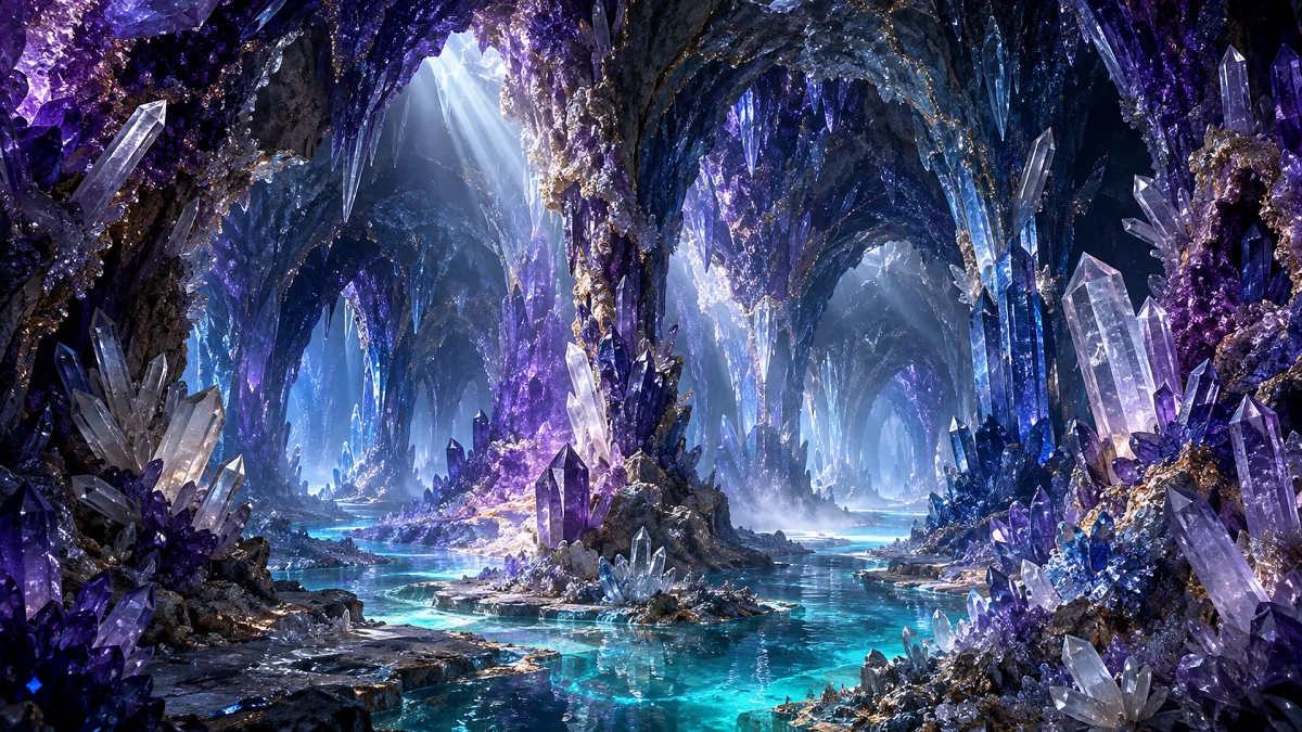 purple amethyst crystal cavern with glowing blue passage