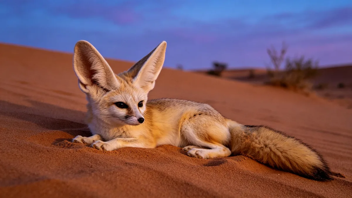 Fennec fox resting on desert sand at twilight