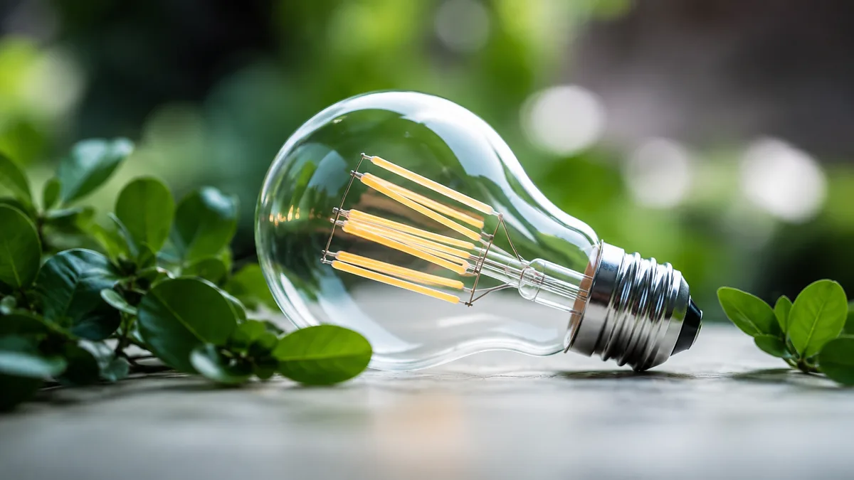 A clear light bulb rests among green leaves as a simple energy efficiency concept.