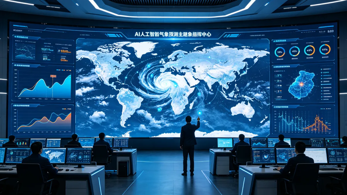 Climate operations room with hurricane map and weather analytics displays