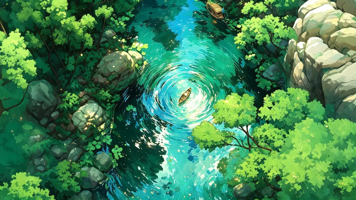 Overhead river bend with rocks and dense forest