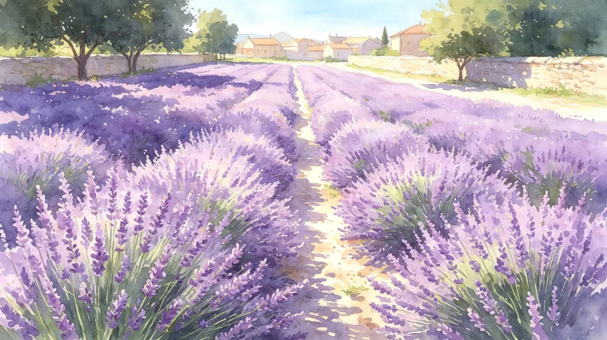 Lavender field path leading toward village in sunlight