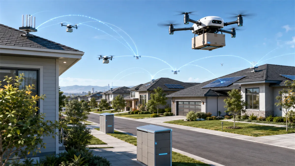 Delivery drones fly over suburban homes while digital arcs link rooftops, streets, and parcels, showing last-mile logistics, residential connectivity, smart delivery, and networked services in...