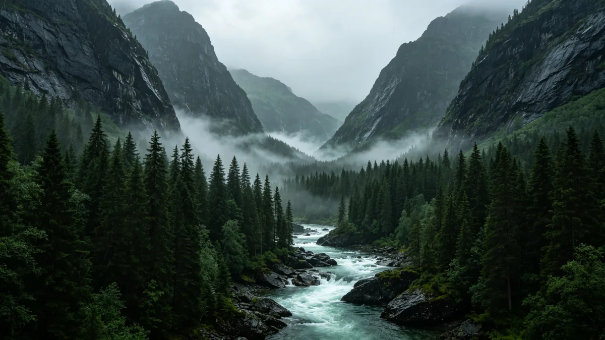 a dark river cuts through a steep mountain gorge beneath heavy mist.