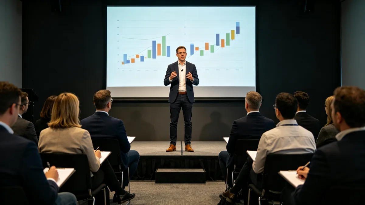 Sales executive presenting growth chart to business audience