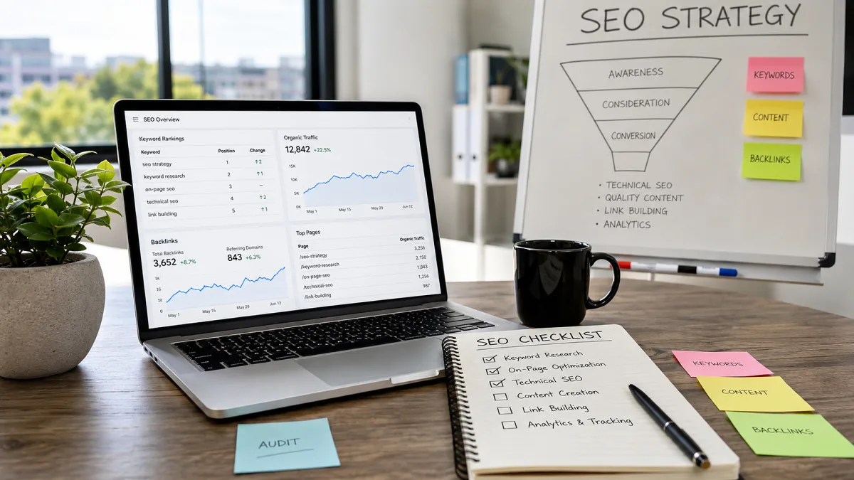 A laptop analytics screen sits beside an SEO strategy whiteboard, handwritten notes, sticky tabs, and coffee in a practical marketing workspace.