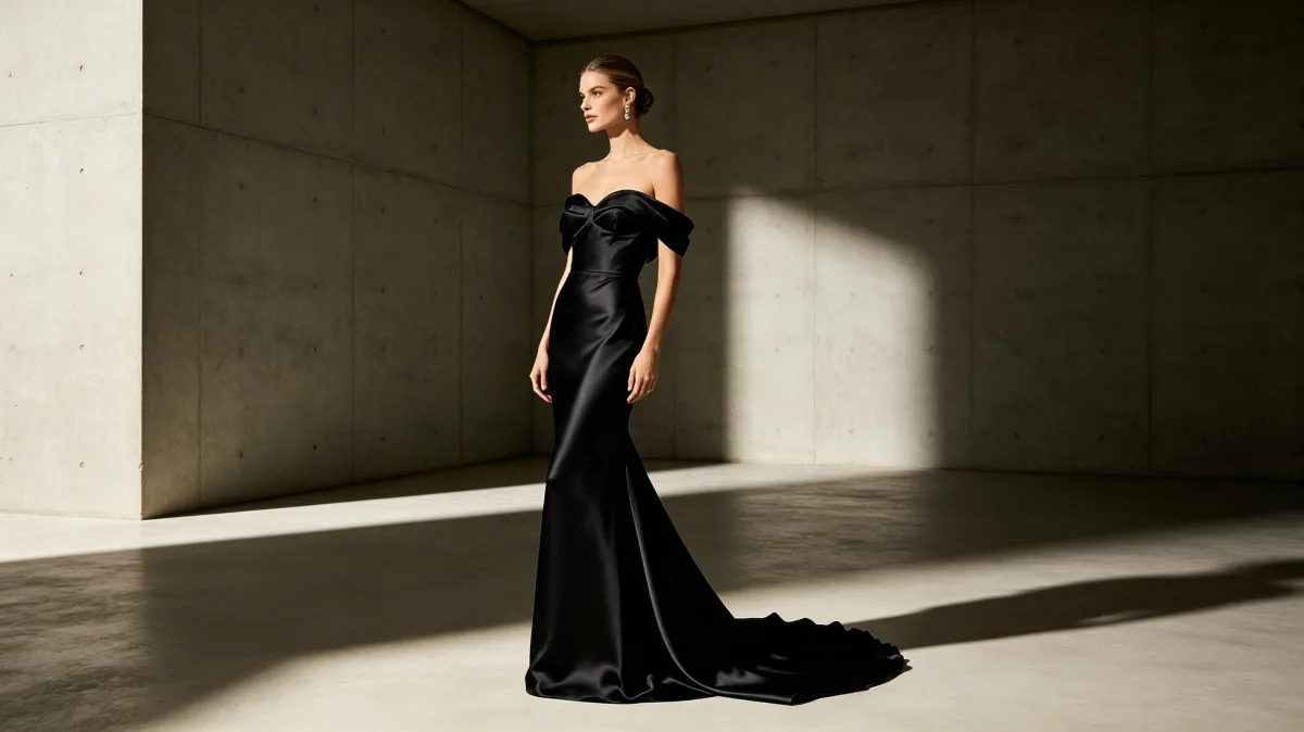 Black Gown Fashion Portrait In Concrete Hall