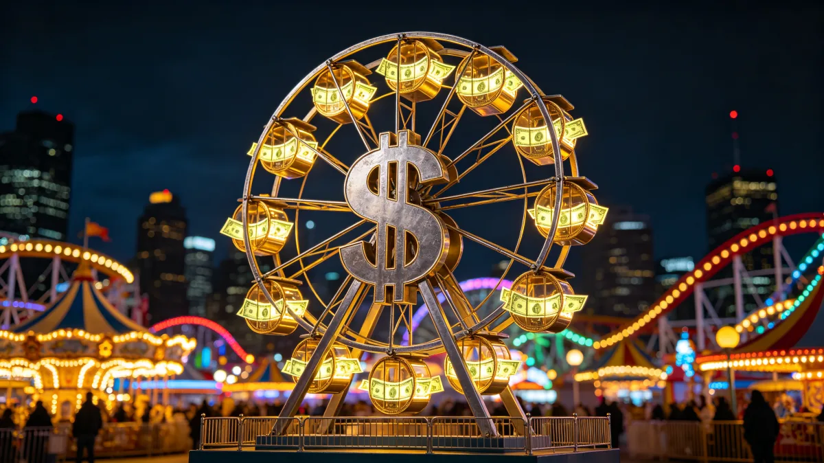 A glowing Ferris wheel shaped around a dollar sign rises above a night amusement park with roller-coaster lights and city silhouettes, turning finance into a colorful entertainment and...
