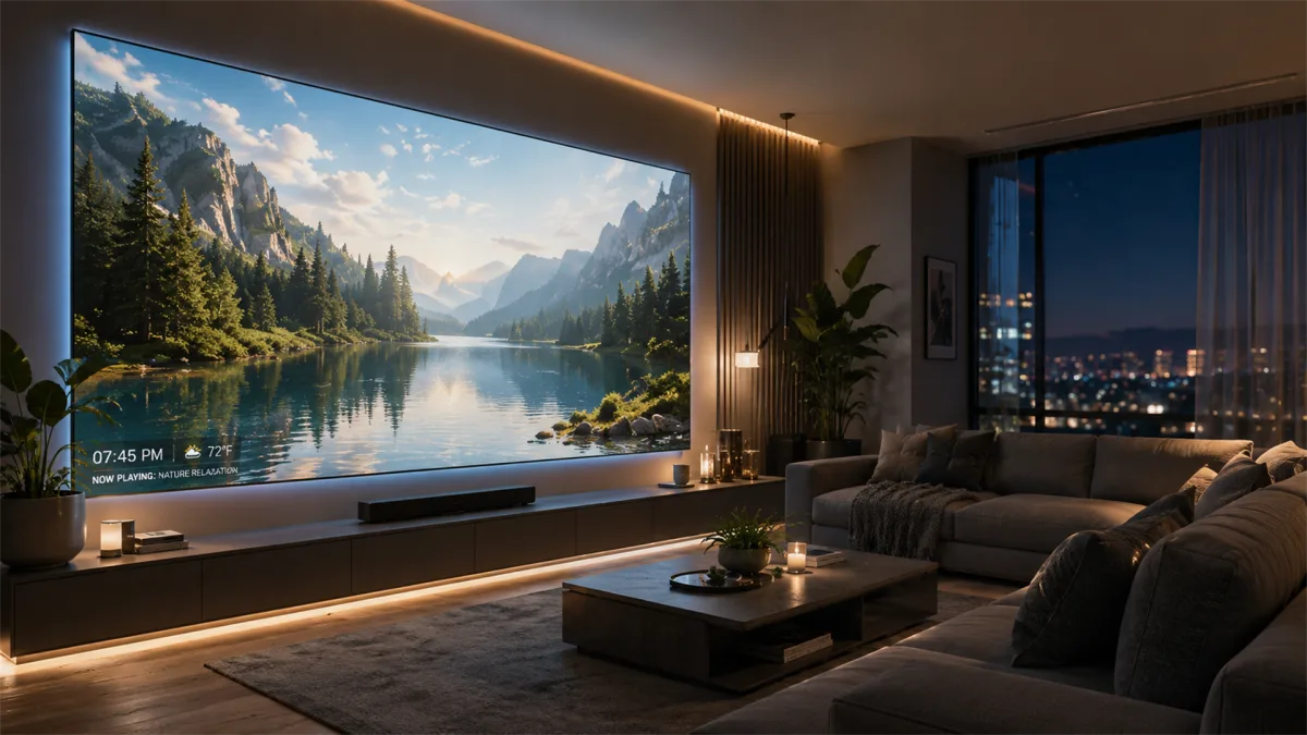 A living room wall becomes an immersive mountain landscape display with integrated lighting, seating, and smart-home ambiance.