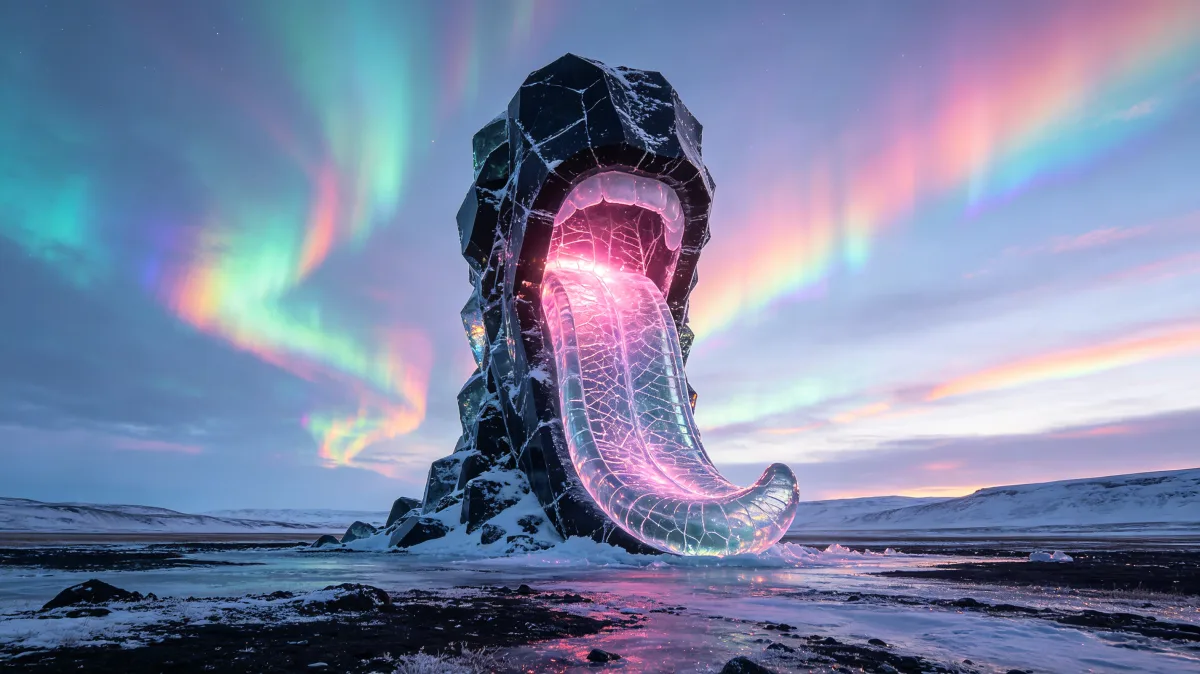 A dark stone arch pours pink light onto a shore beneath colorful aurora.