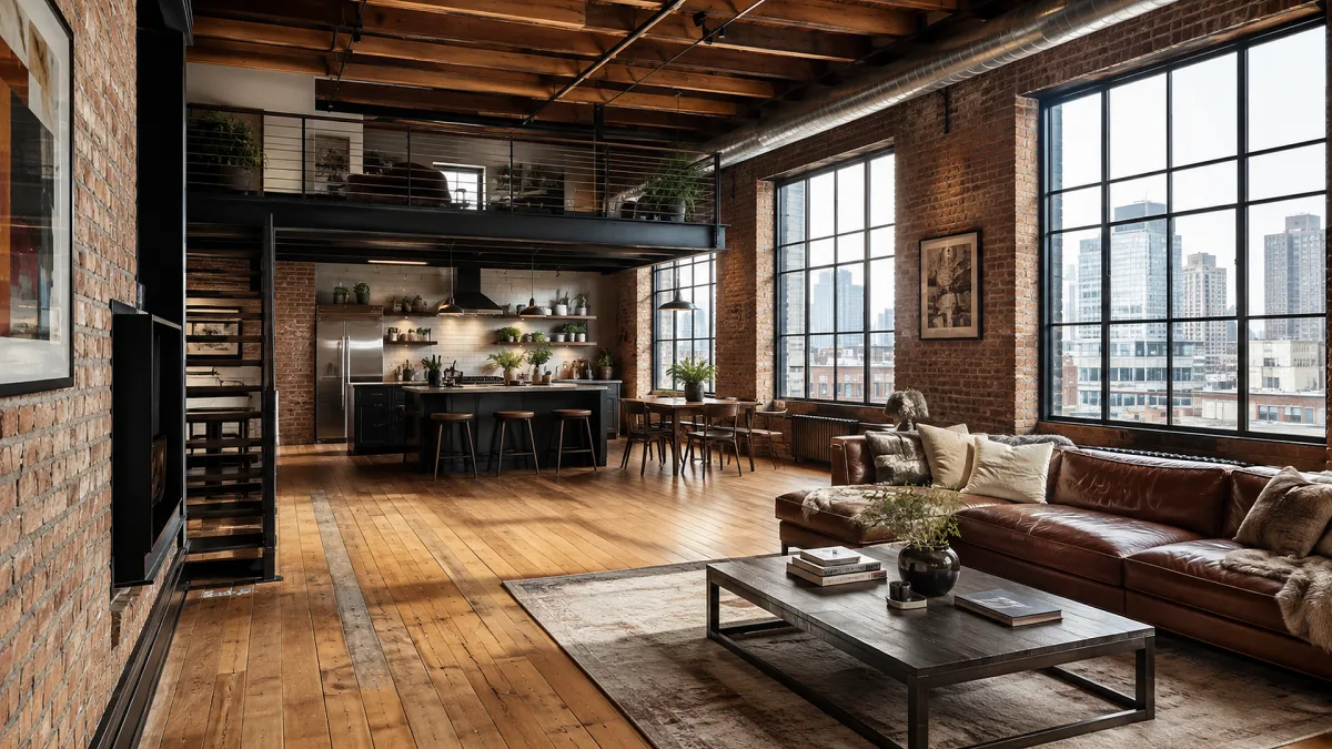 A spacious industrial loft has brick walls, exposed beams, oversized windows, leather seating, and an open kitchen.