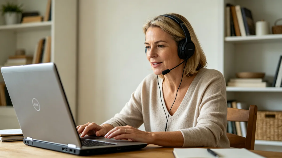 A woman wearing a headset works at a laptop in a bright home office with shelves and soft light, clearly showing remote customer service, online meetings, and professional communication from home.