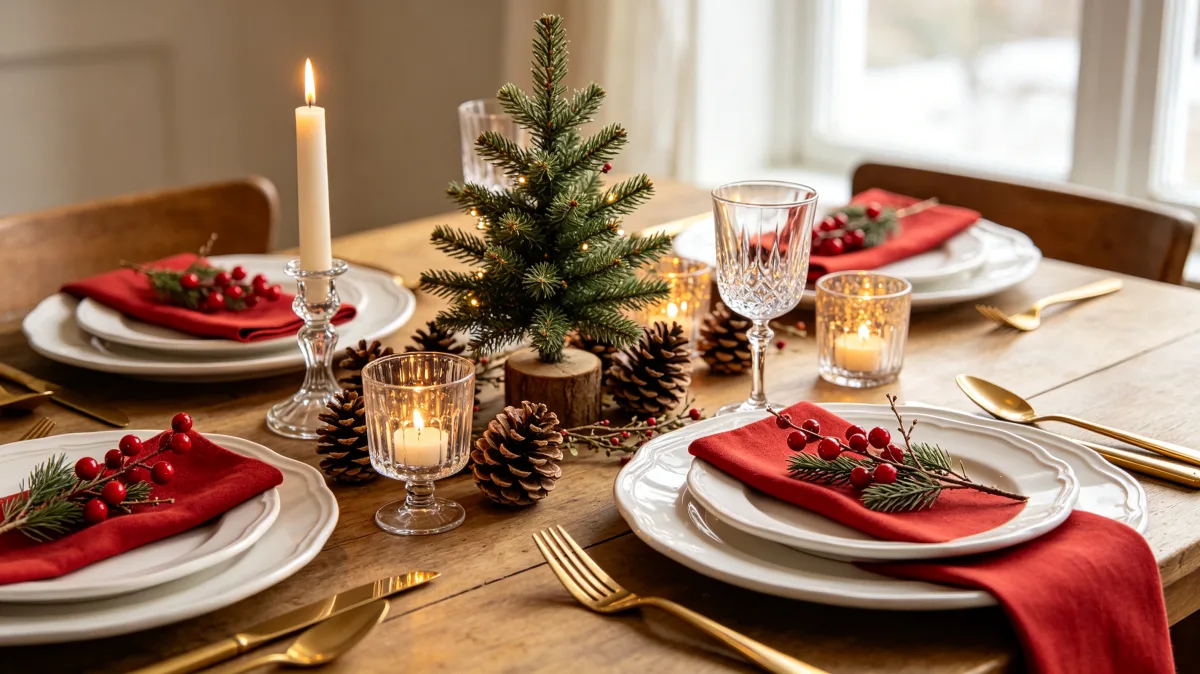 elegant Christmas dinner place setting with candles and red napkins