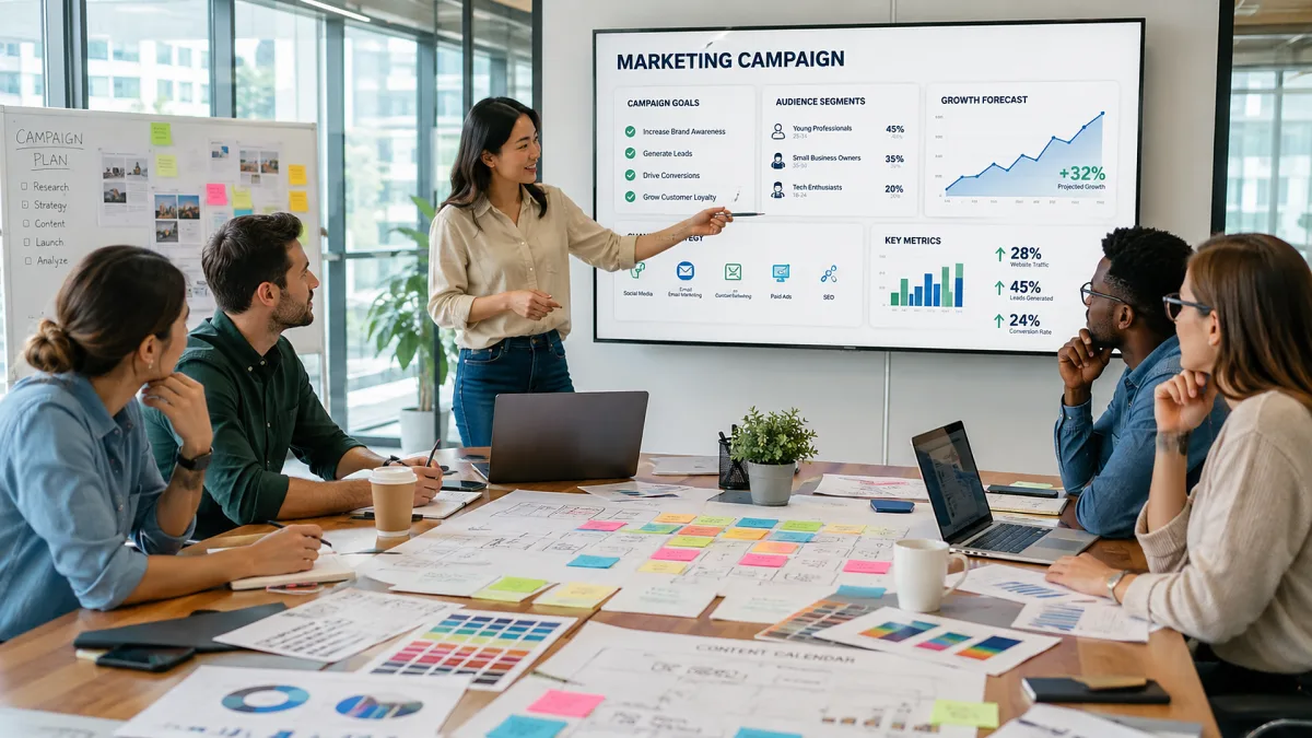 A marketing team works around a conference table covered with campaign boards, charts, sticky notes, laptops, and printed planning materials.
