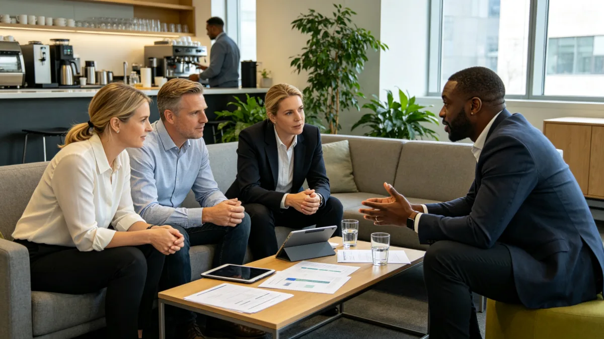 Four professionals sit in a bright lounge area for a focused conversation with folders and a low table between them, suggesting advisory work, client meetings, negotiation, and collaborative...