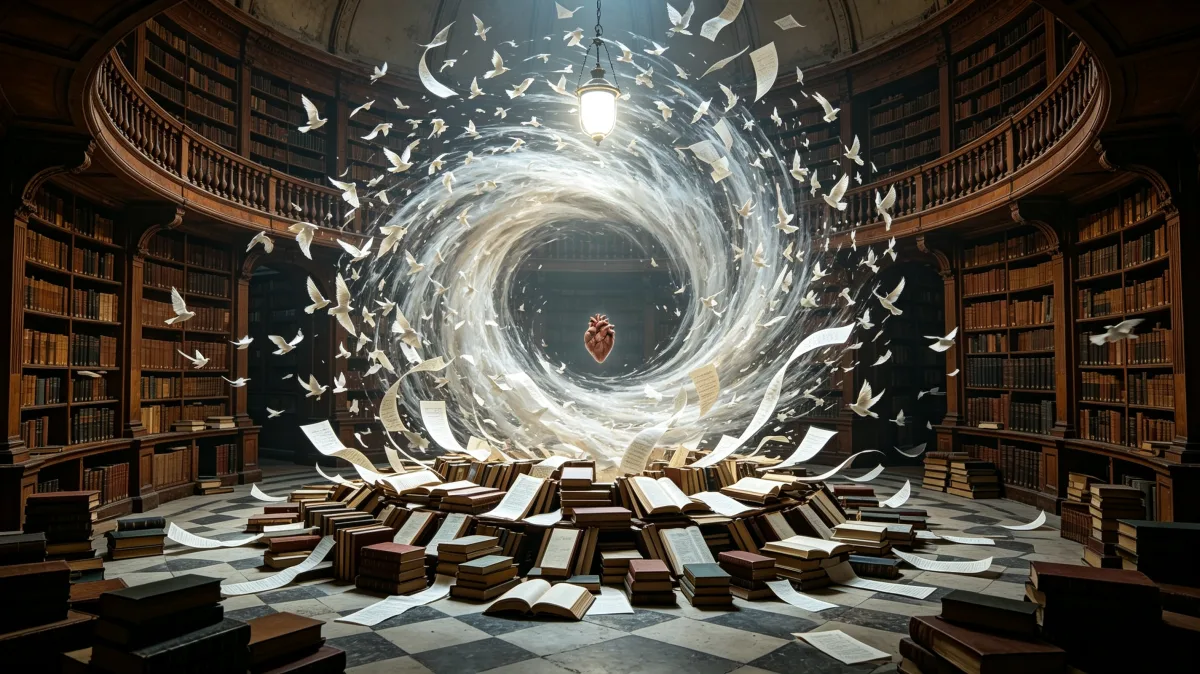 A bright paper vortex opens inside a library as books and pages scatter around it.