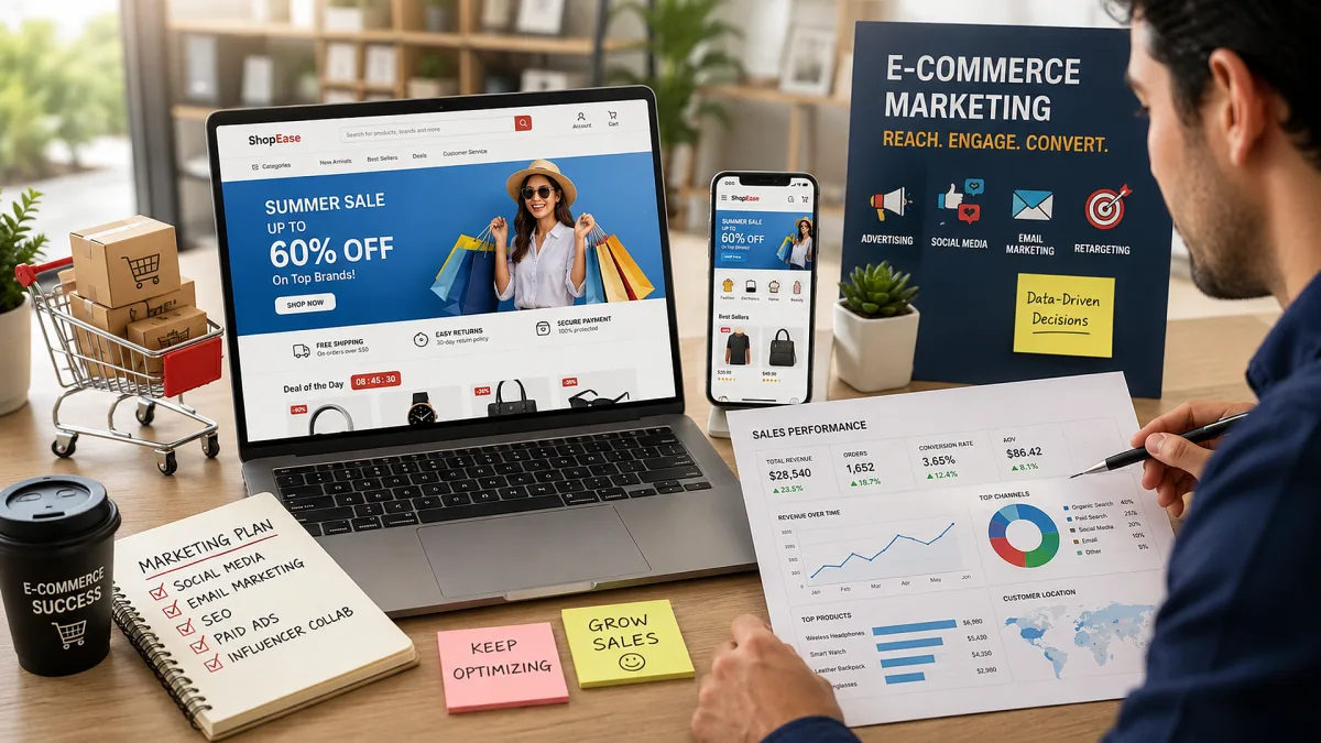 An ecommerce sale campaign desk combines discount banners on screens, sticky notes, shopping icons, reports, and campaign performance charts.