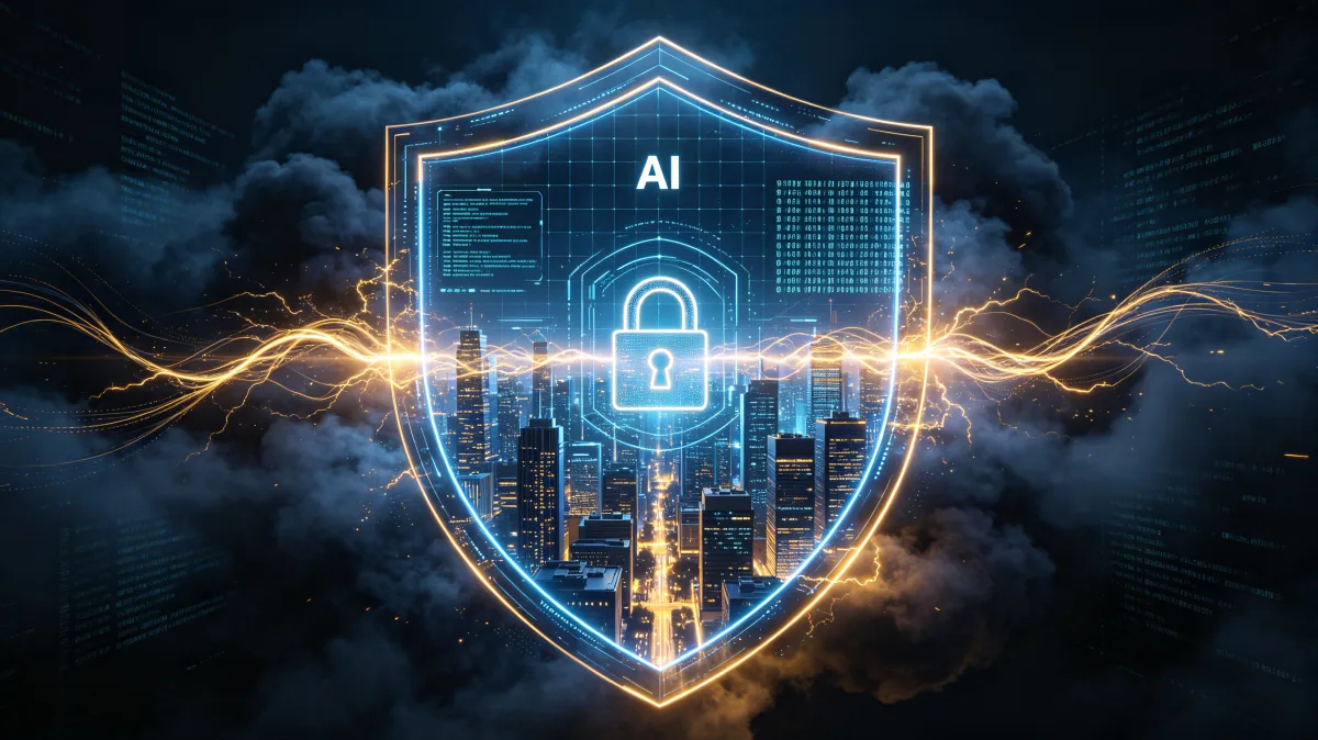 AI security shield over digital city with lock icon and energy lines