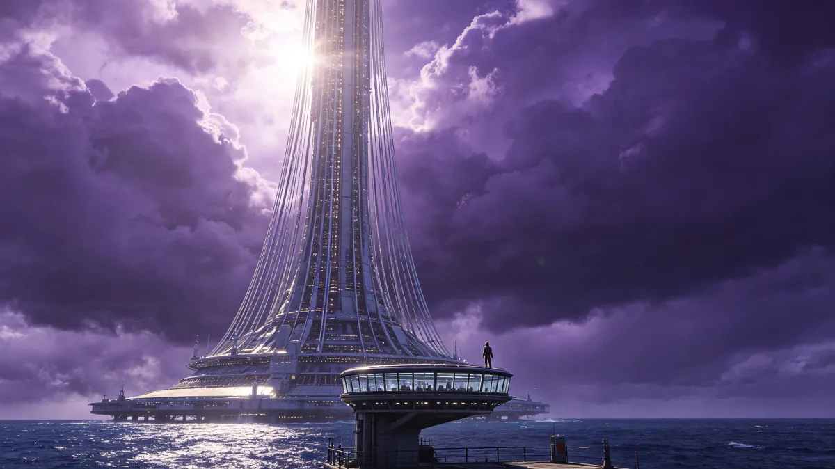 Futuristic Tower Under Purple Storm