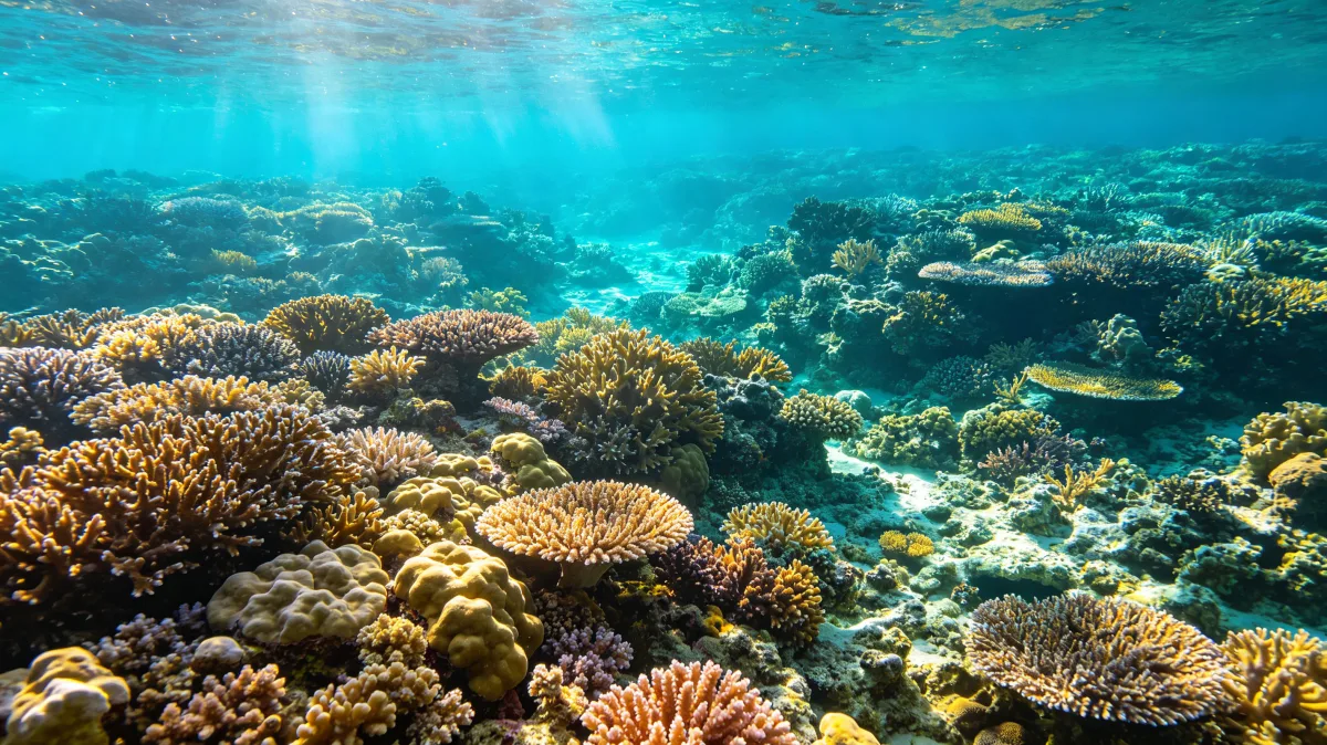 a colorful coral reef spreads beneath clear sunlit tropical water.