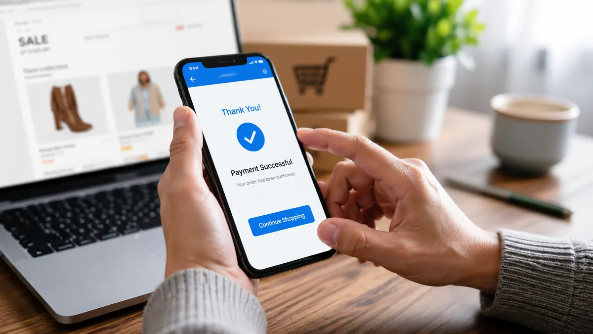A mobile payment confirmation appears on a phone beside an online sale page on a laptop.