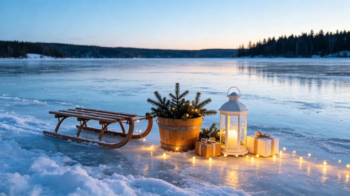 sled and lanterns beside frozen lake with holiday lights