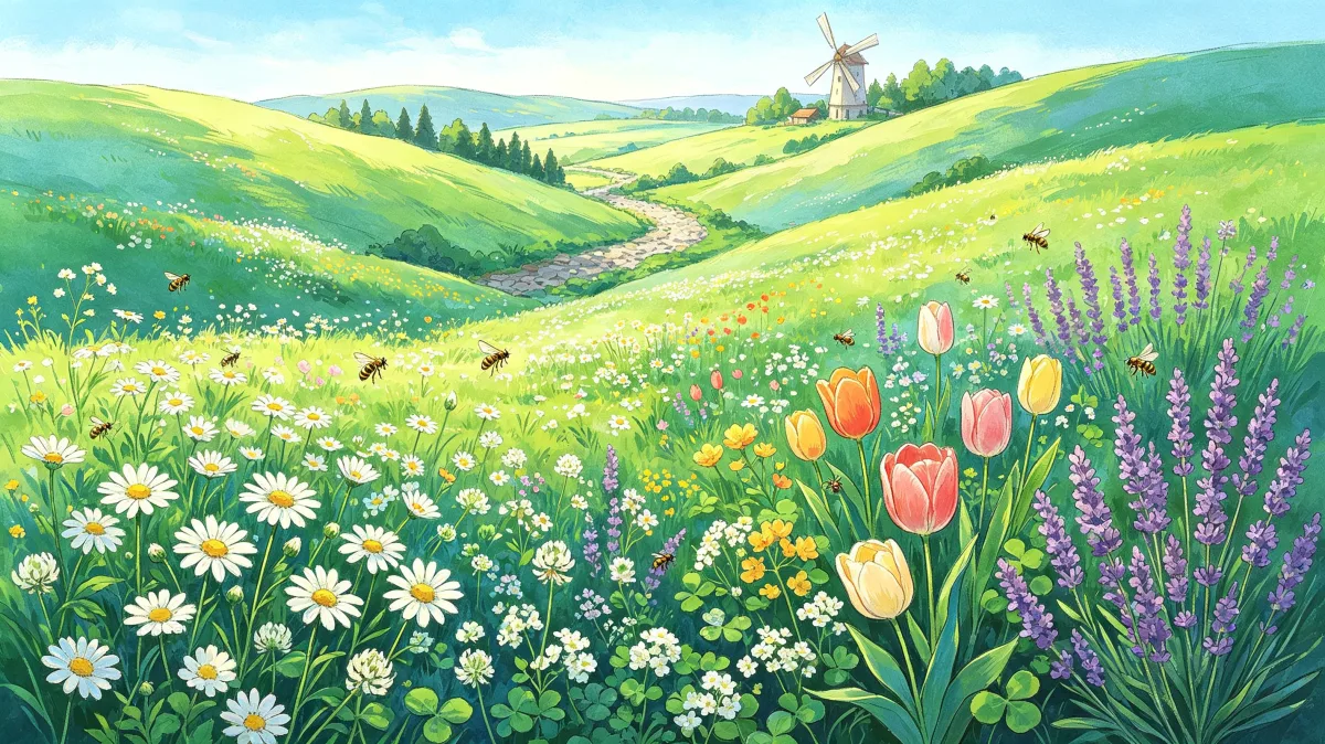 Rolling green hills bloom with daisies, tulips, lavender, and distant cottages under a clear sky, with a windmill on the ridge adding a pastoral countryside mood for spring, farming, and cheerful...