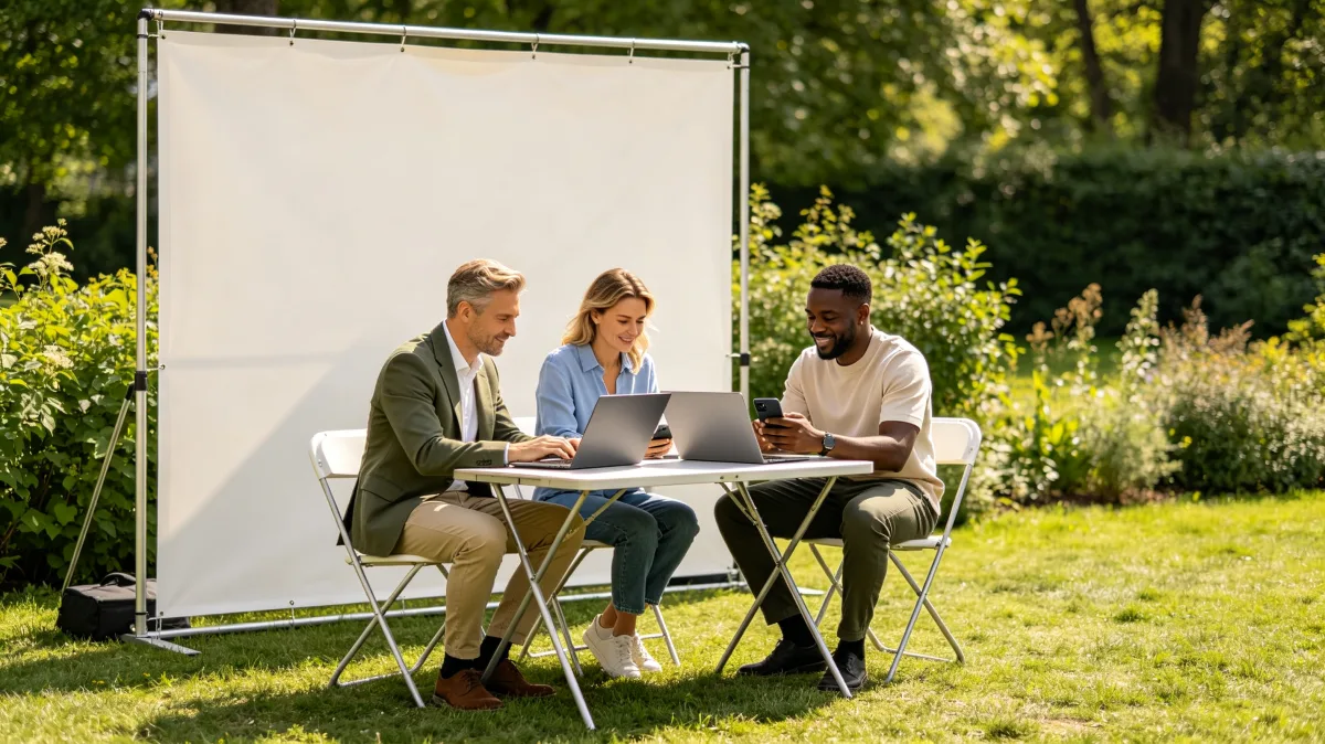 Three professionals sit around a table in a garden with a whiteboard nearby, creating a relaxed workshop scene for collaborative planning, training, coaching, and offsite business discussion.