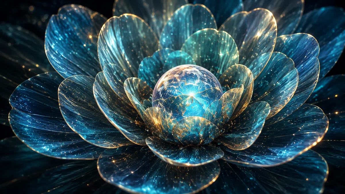 translucent blue glass lotus surrounding a glowing orb