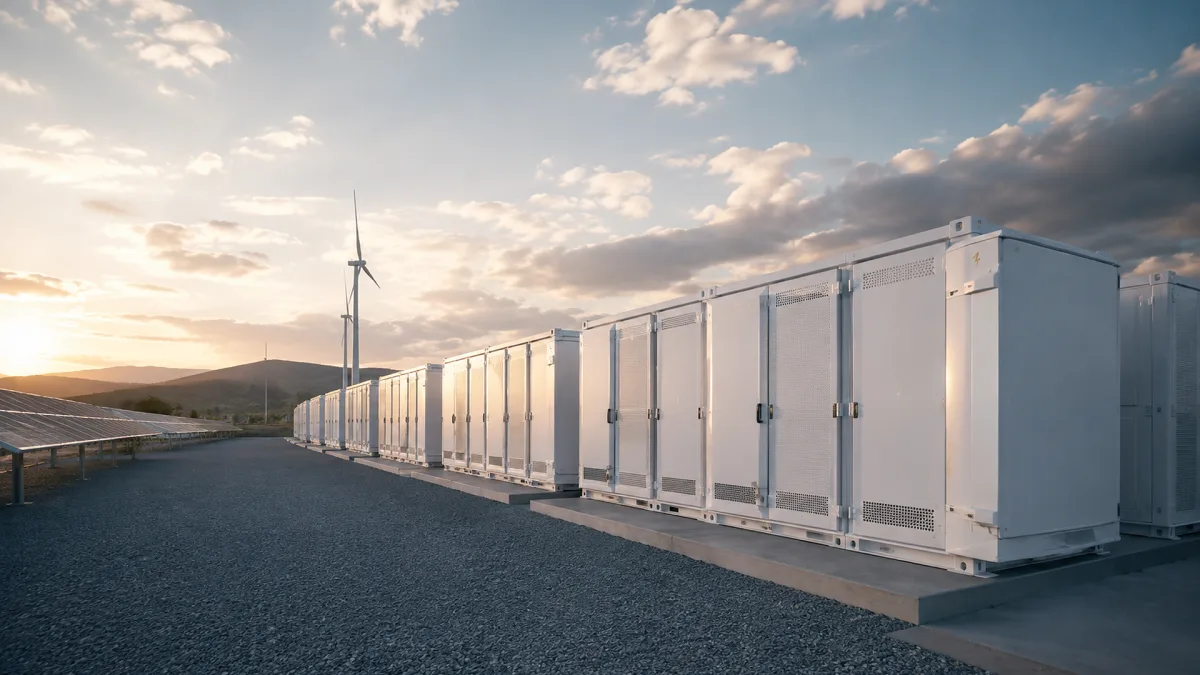 Rows of white utility battery containers sit in a desert facility at sunset.