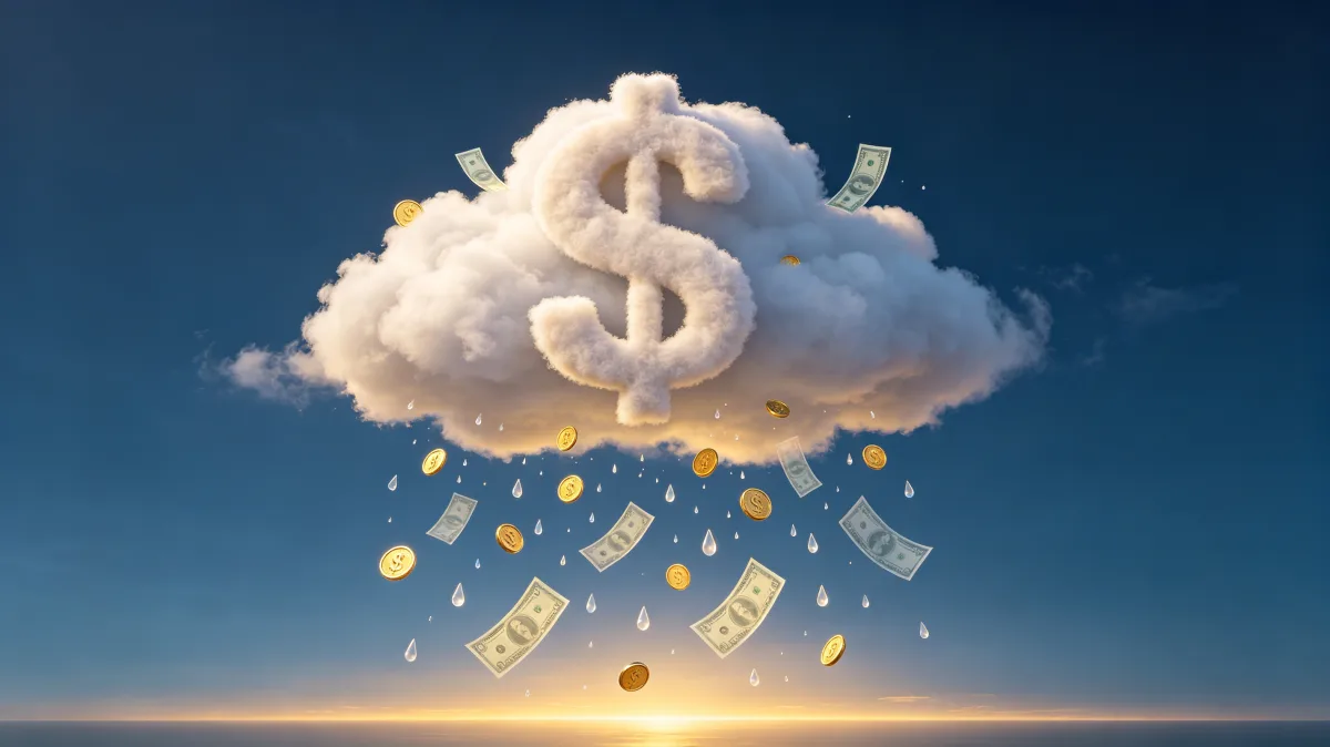 A fluffy cloud shaped around a dollar sign rains gold coins and banknotes into a clean sky, making an optimistic visual about windfalls, revenue, payouts, and the idea of money appearing from above.