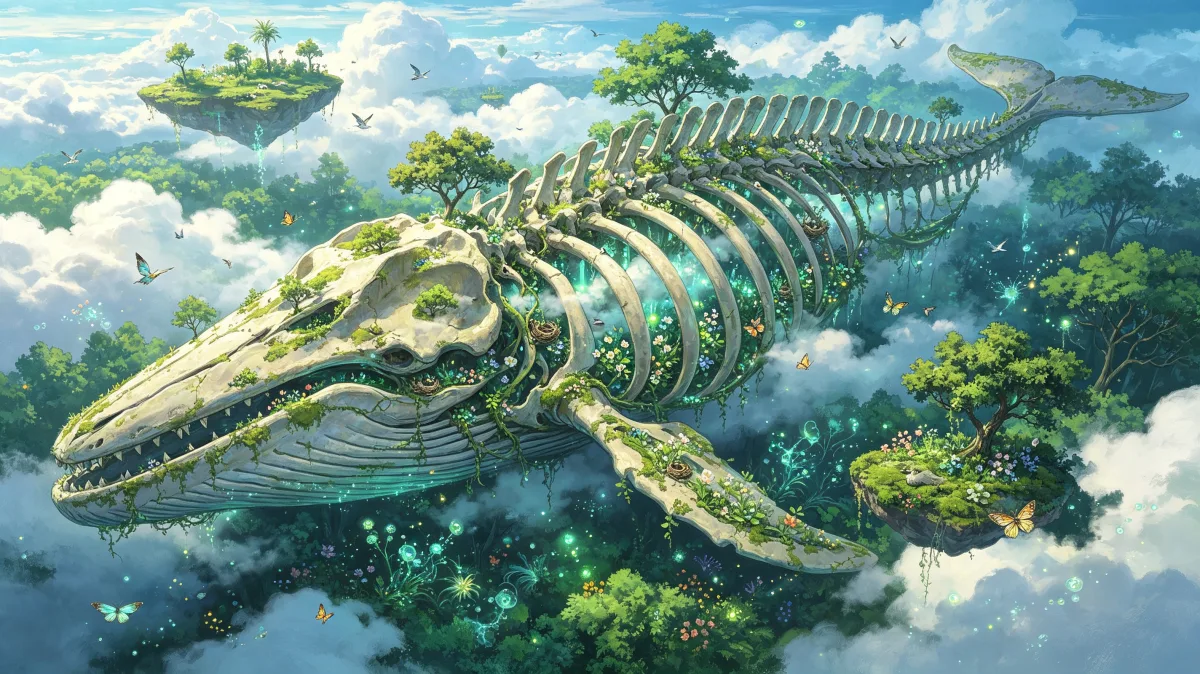 a huge whale skeleton drifts above clouds and small green islands, blending natural history, fantasy sky worlds, ocean memory, and surreal ecological storytelling into a cinematic green landscape.