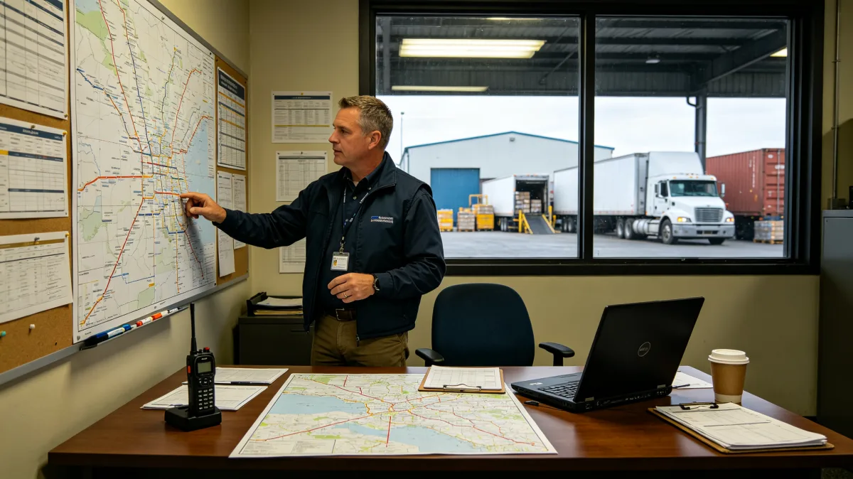 A man points to a large wall map in an operations office with a laptop, desk lamp, paperwork, and a warehouse view through the window, showing route planning and delivery coordination.