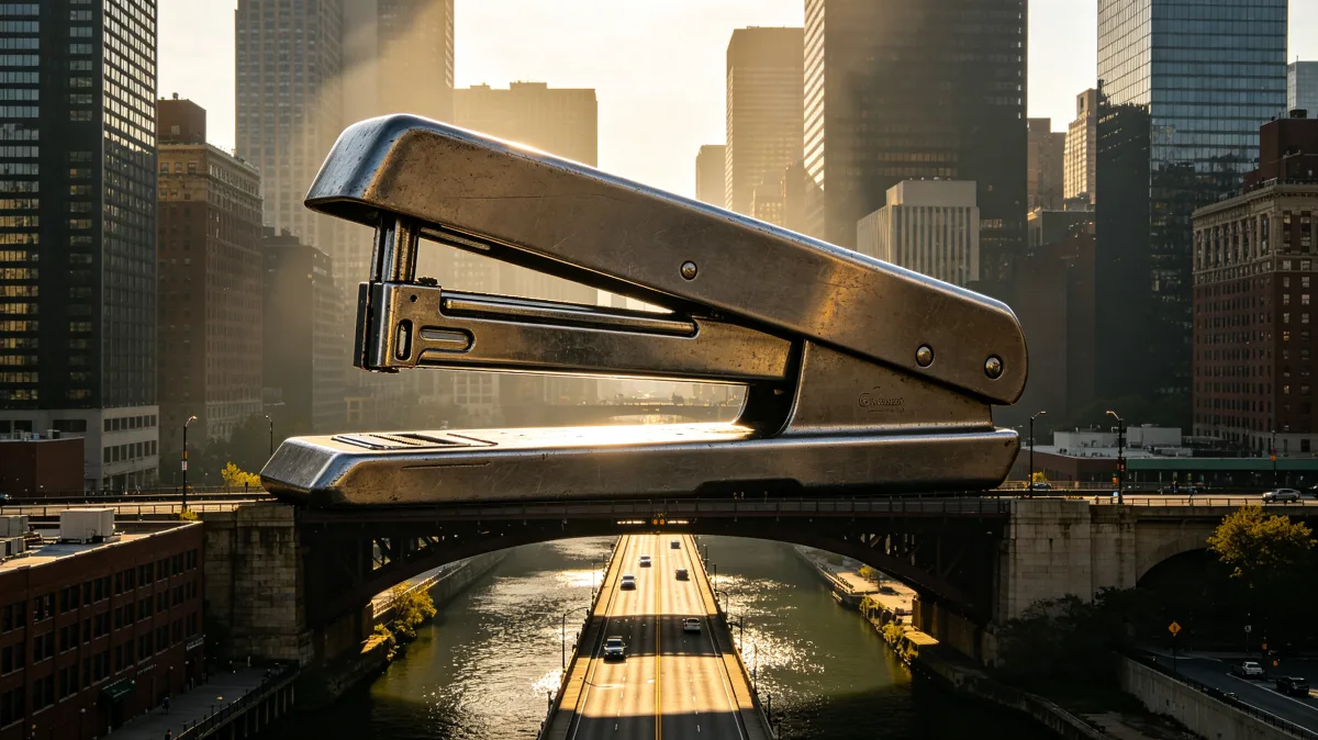 a monumental stapler arches over a highway between city towers, turning an office tool into an infrastructure metaphor for connection, binding, paperwork, commuting, and business administration.