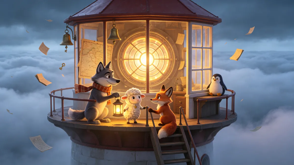A colorful storybook cartoon scene featuring lighthouse reading room for forest animals, designed for playful children-friendly illustration use.
